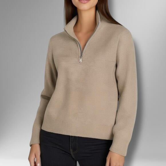 Jenni Kayne Size S Boucle Knit Half Zip Sweater Beige Merino‎ Wool Quiet Luxury - Picture 1 of 10